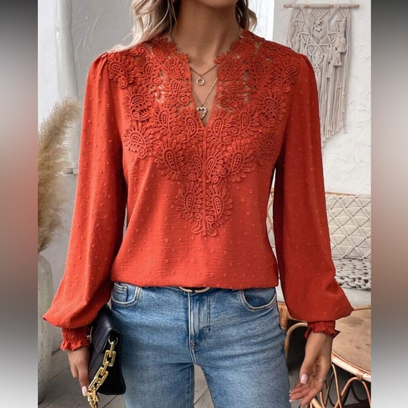 Elegant Orange Swiss Dot Lace Blouse